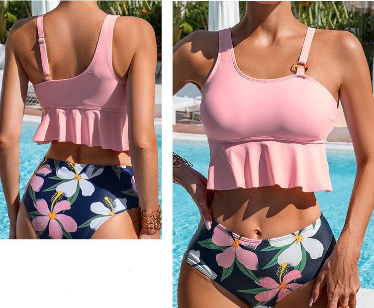 Дамски бански от две части ''Crystal'' в розово с флорално долнище, изглед отпред и отзад край басейн.