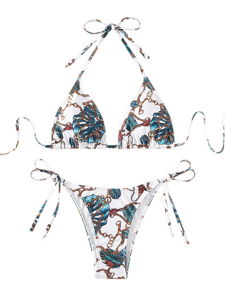 Дамски бански от две части ''Stream'' с елегантен принт, триъгълно горнище и връзки отстрани.